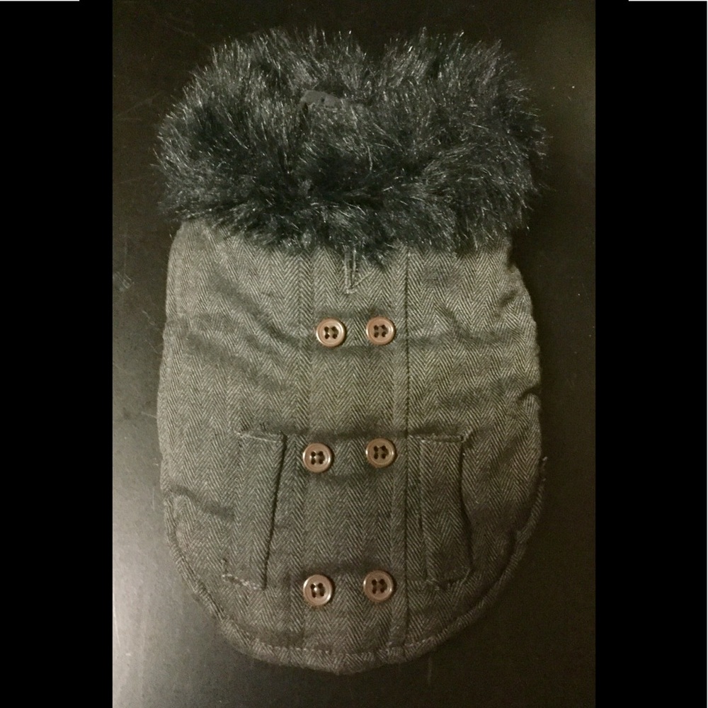 Gray Tweed & Faux Fur Collared Dog Coat/Vest: Double Breast Style Buttons, Sz.XS